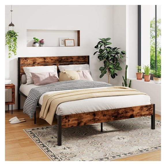 Queen Size Bed Frame with Headboard, Metal Platform Bed with Under-Bed Storage Space & Slatted Headboard, Industrial Bed Base, No Box Spring Needed Mattress Foundation, Rustic Brown