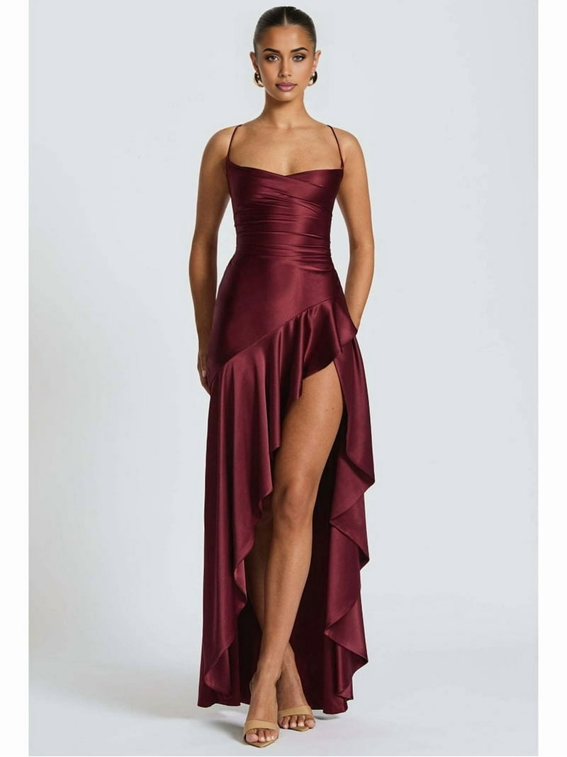 sachin and babi light blue dress Women'S V-Neck Sleeveless Satin Ruffle Hem Tight Long Casual Open Back High  Slit Cocktail Dress Wine Red M