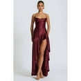 thumbnail image 4 of Women'S V-Neck Sleeveless Satin Ruffle Hem Tight Long Casual Open Back High Slit Cocktail Dress Wine Red S, 4 of 9