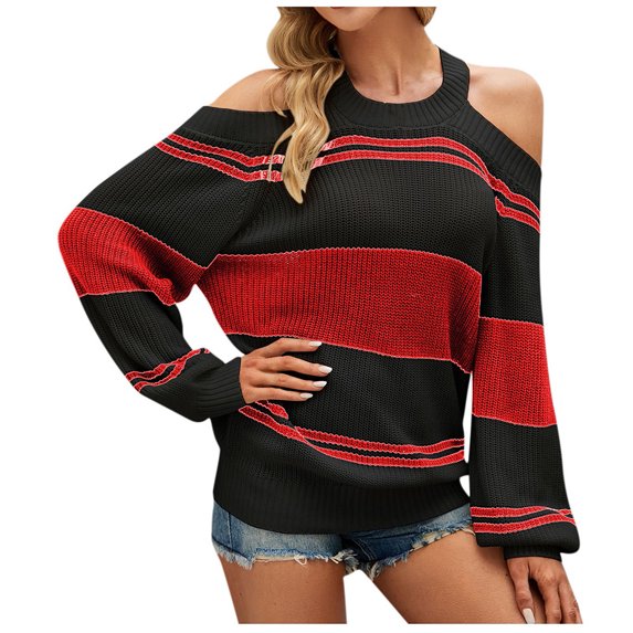 Womens Fall Fashion 2022! QLEICOM Sweaters for Women, Women's Round- Neck Stripe Splicing Recreational Pullover Knitting Sweater Long Sleeve Tops On Clearance