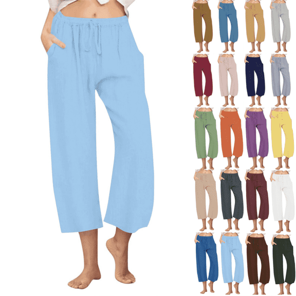 Juslio Cargo Pants Linen Pants Women Ladies Capris Linen With Pockets Solid Color Drawstring Elastic Waist Casual Beach