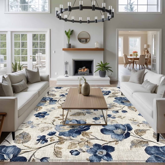 Blue Gray Spring Floral 8x10 Area Rug for Living Room Sectional Sofa, Vintage Botanical Leaf Farmhouse Washable Non Slip Large Rectangle Area Rug