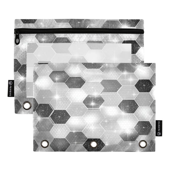 2 Pack 3 Ring Binder Pouch with Clear PVC Window Water Resistant Zipper Pencil Pouch Futuristic Sparkle Hex Tile Binder Pocket for Classroom Office Home Stationery Organization