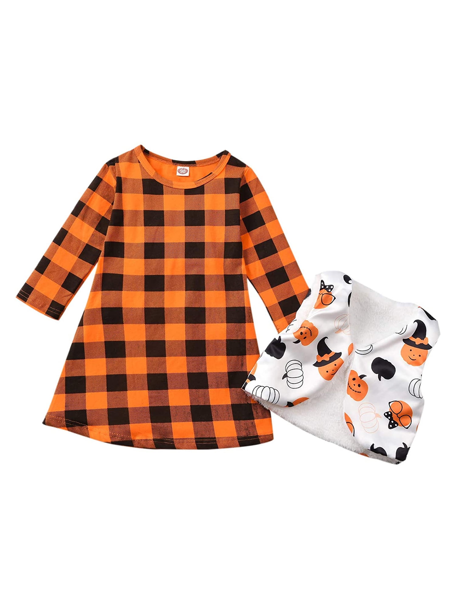 fioukiay Toddler Girls Halloween Outfits 2PC Kids Orange Plaid Dress with Reversible Vest Clothes Set 