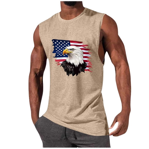 Mens Patriotic Tank Tops 4th of July Cutoff Graphic Gym Workout Tanks Workout Sleeveless Muscle Shirts Khaki, M