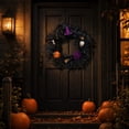 thumbnail image 6 of Halloween Artificial Black Foliage Wreath with Witch Hat, Spider, Skull, Pumpkin and Purple Rose | Spooky Halloween Wreath for Front Door Porch Wall Home Party Decor, 6 of 9