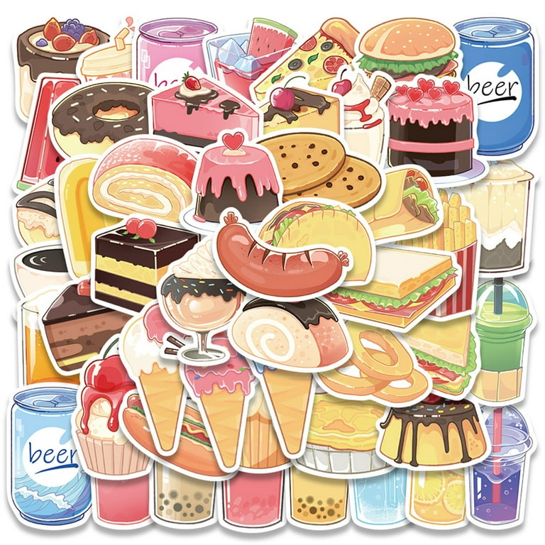 50pcs Cute Food Stickers - Ice Cream, Sandwiches, Desserts, Hot Dogs, Bread  - Waterproof Vinyl Decals for Water Bottles, Laptops, Guitars - Adorable  Cartoon Graffiti for Kids 