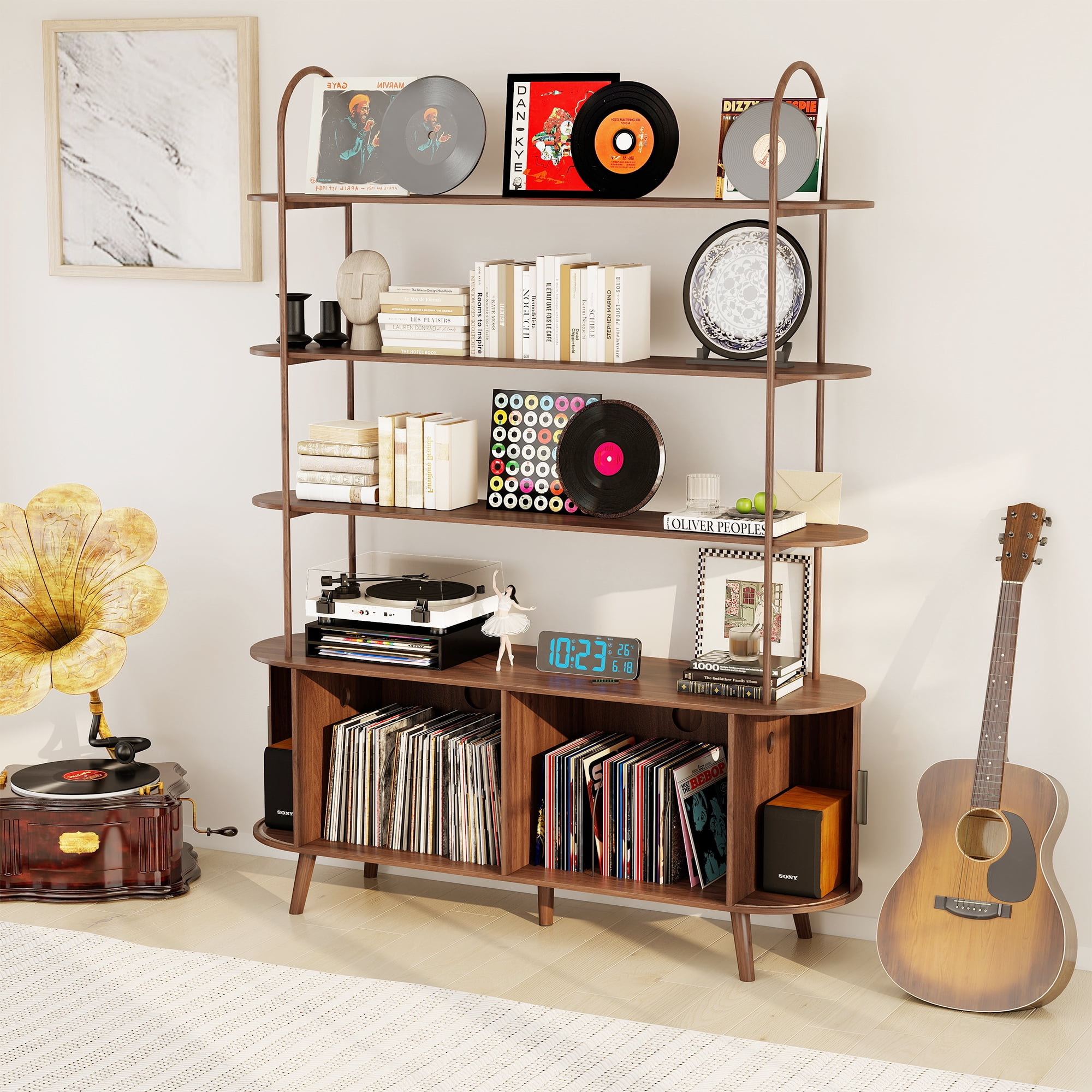Tall Large Mid Century Modern Bookshelf with with Sliding Tambour Doors, 4-Tier Open Display Storage Shelf, Vinyl Record Player Stand for Home Office, Living Room, Walnut