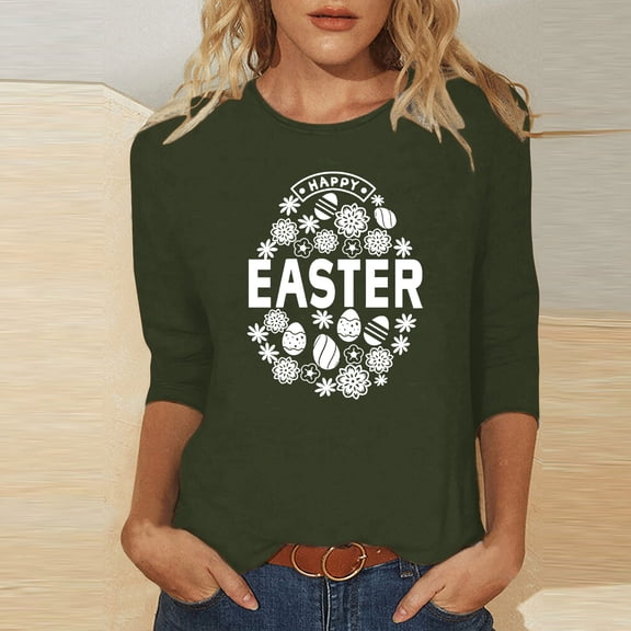 EQWLJWE 2024 Easter Day Shirts for Women Casual 3/4 Sleeve Cute Flower Eggs Graphic Tees Trendy Workout Tunic Tops Comfy Three Quarter Loose Blouse for Summer Spring (Army Green,S)