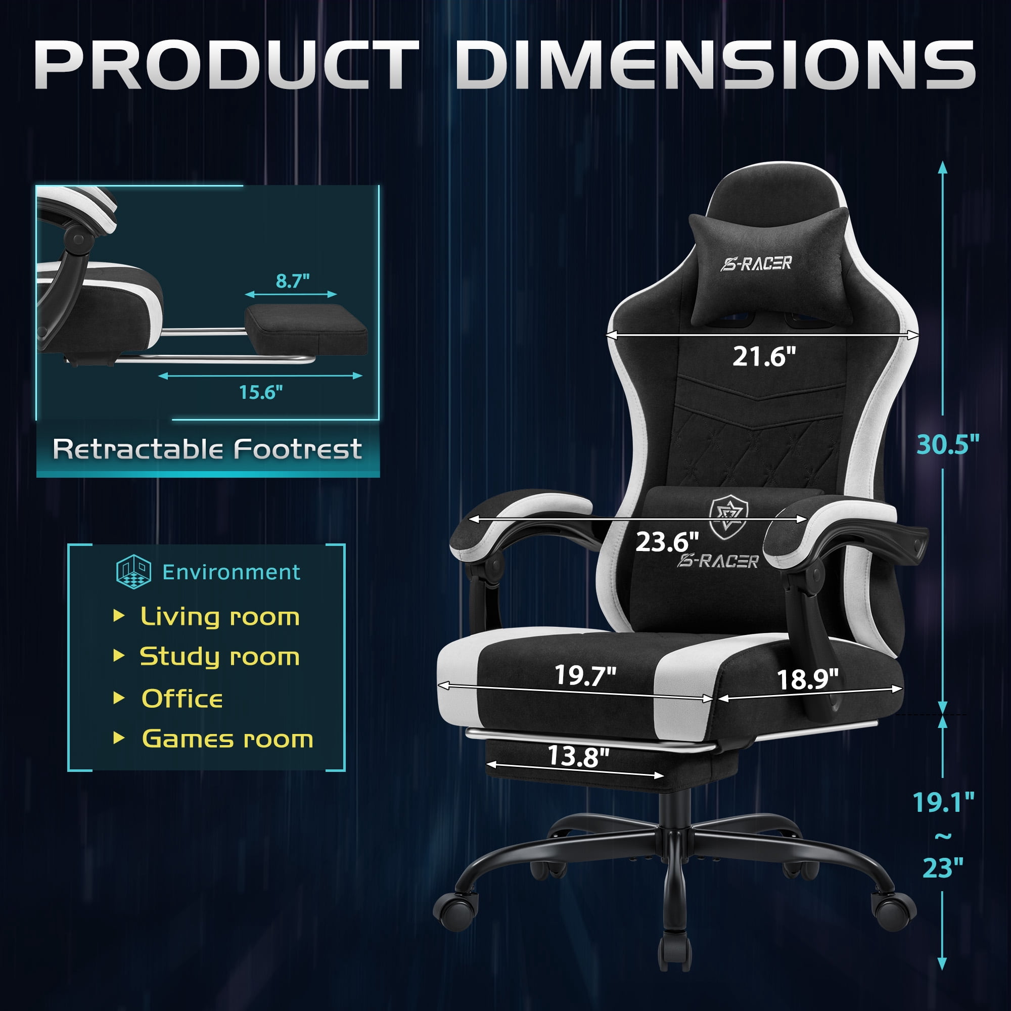 Homall Reclining Gaming Chair Premium Technical Fabric Massage Video Game Chair with Headrest, Lumber Support and Footrest, Black