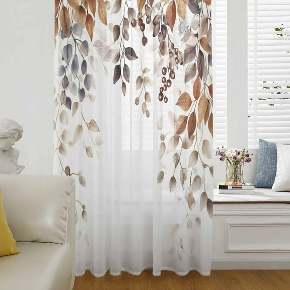 Eucalyptus Leaves Semi Sheer Curtains Drapes for Living Room, Bedroom, French Doors Window 96 Inches Long, Orange Blue Botanical Vintage Rod Pocket Chiffon Curtain Drapery Voile Draperies Panel