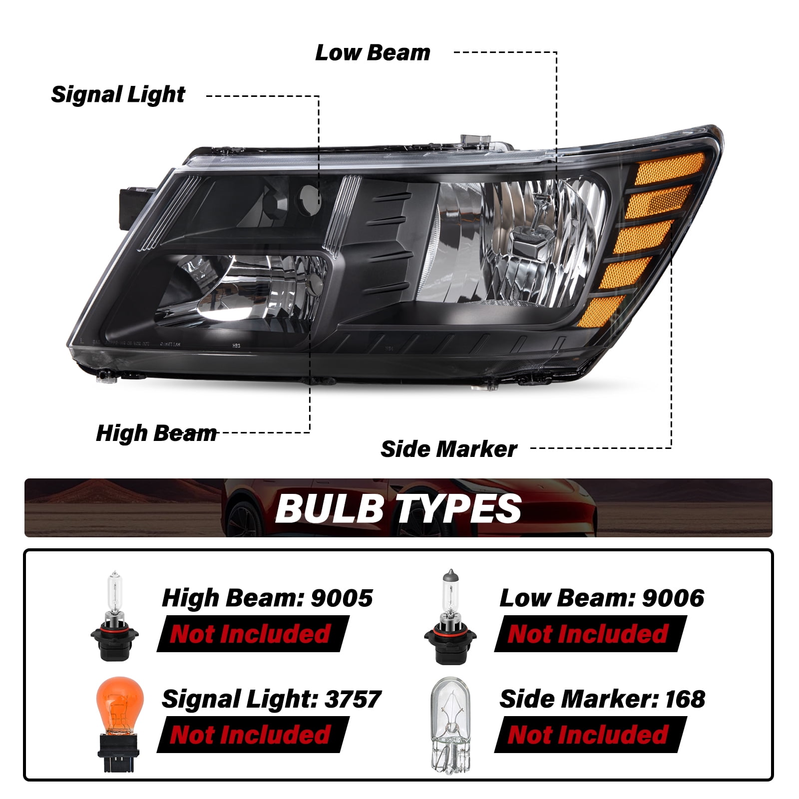 For  2009-2020 Dodge Jounery Black Amber Headlights Driver Left + Passenger Right Side Pair 09-20