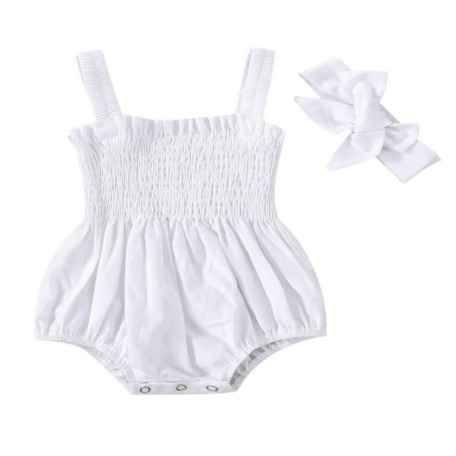 Baby Summer Jumpsuit Outfit Solid Color Ruched Toddler Girl Casual Sleeveless Suspender Rompers and Headband
