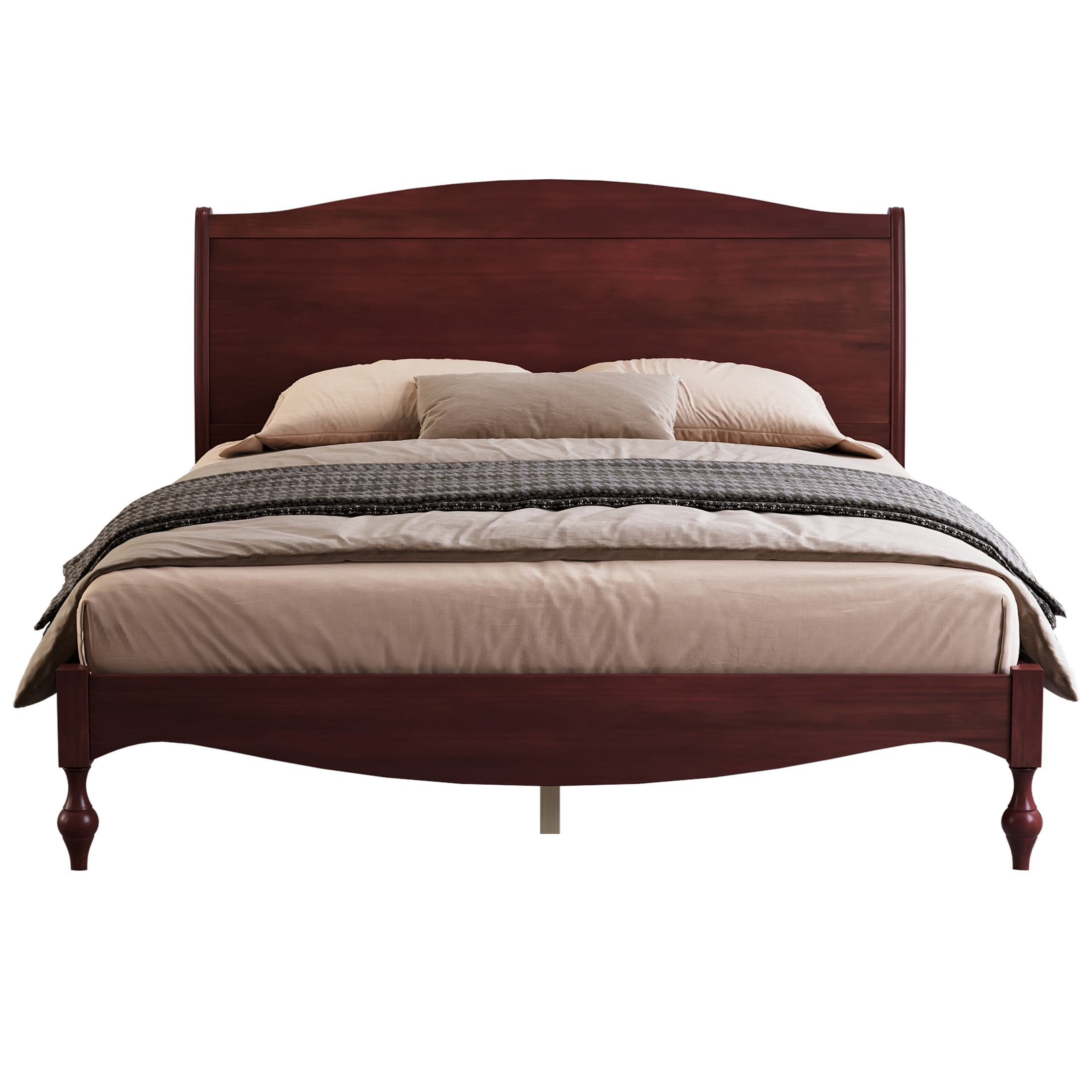 Noble House Carola Queen Wooden Platform Bed Frame, Traditional Arched Headboard Vintage Design, Dark Walnut