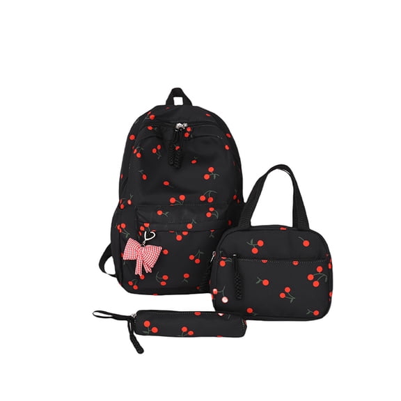 EDFRWWS Three-piece Cherry Backpack with Lunch Bag & Nylon Backpack (Black)