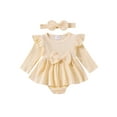 thumbnail image 1 of FOCUSNORM Newborn Baby Girl Spring Outfit Long Sleeve Crew Neck Bow A-line Romper Dress with Headband Infant Fall Clothes, 1 of 9