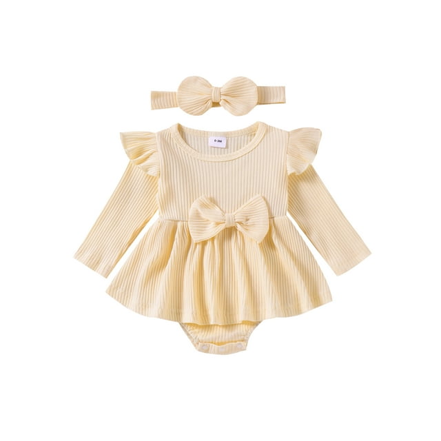 FOCUSNORM Newborn Baby Girl Spring Outfit Long Sleeve Crew Neck Bow A-line Romper Dress with Headband Infant Fall Clothes