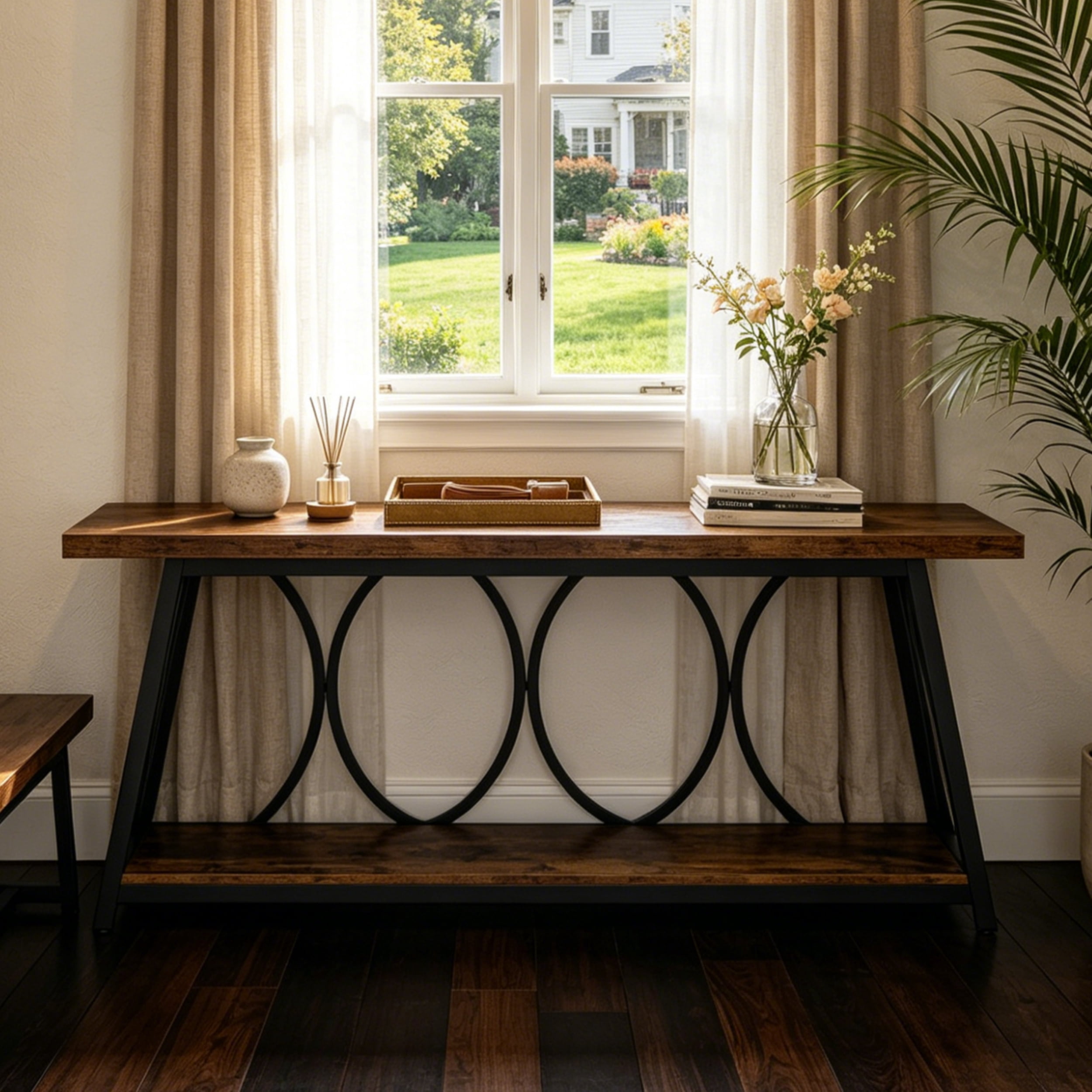 Fnova 70.87" Extra Long 2-Tier Console Table, Industrial Sofa Table with Decorative Circular Metal Frame,  Entryway Hallway Behind Couch Storage Console
