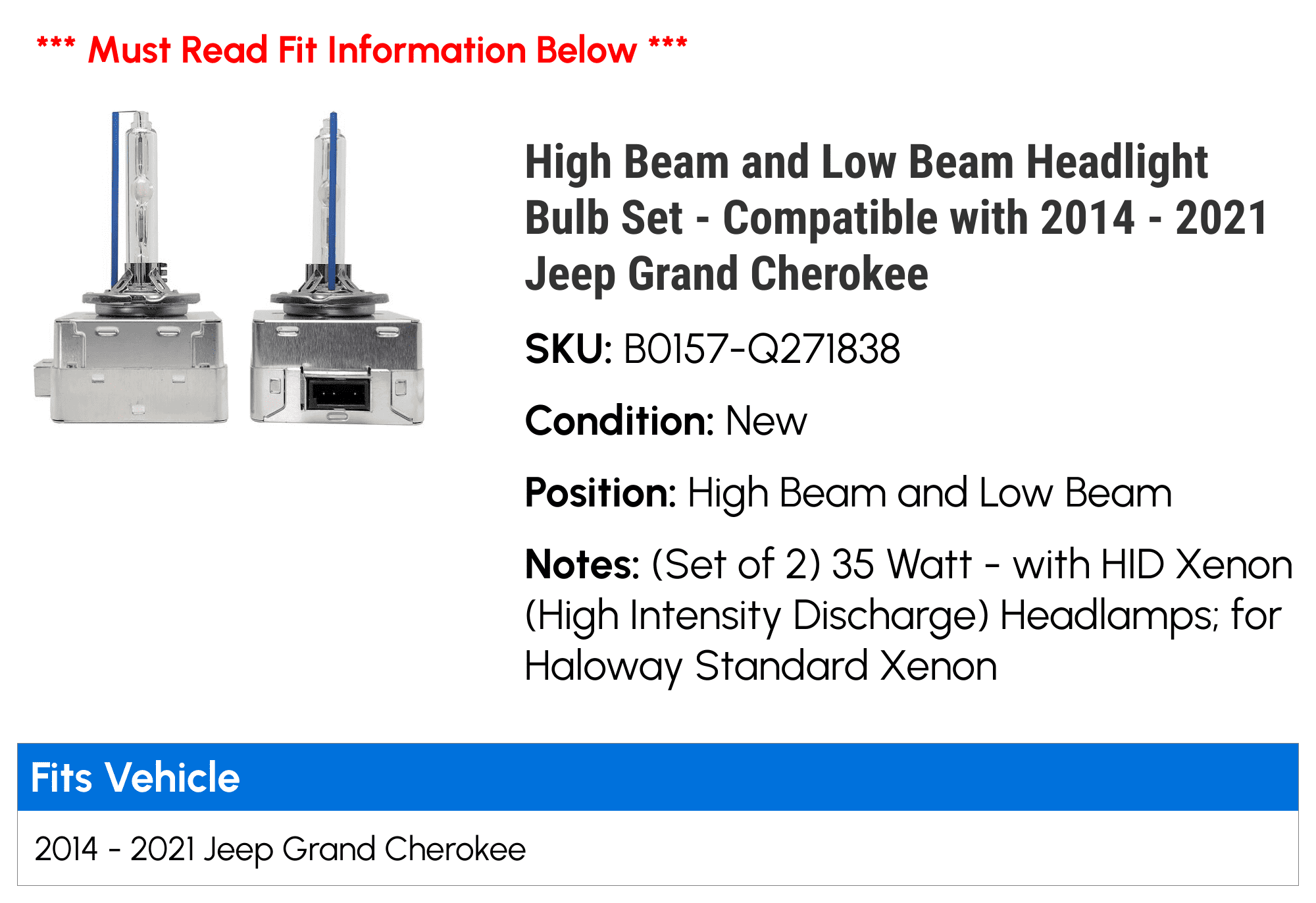 High Beam and Low Beam Headlight Bulb Set - Compatible with 2014 - 2021 Jeep Grand Cherokee 2015 2016 2017 2018 2019 2020
