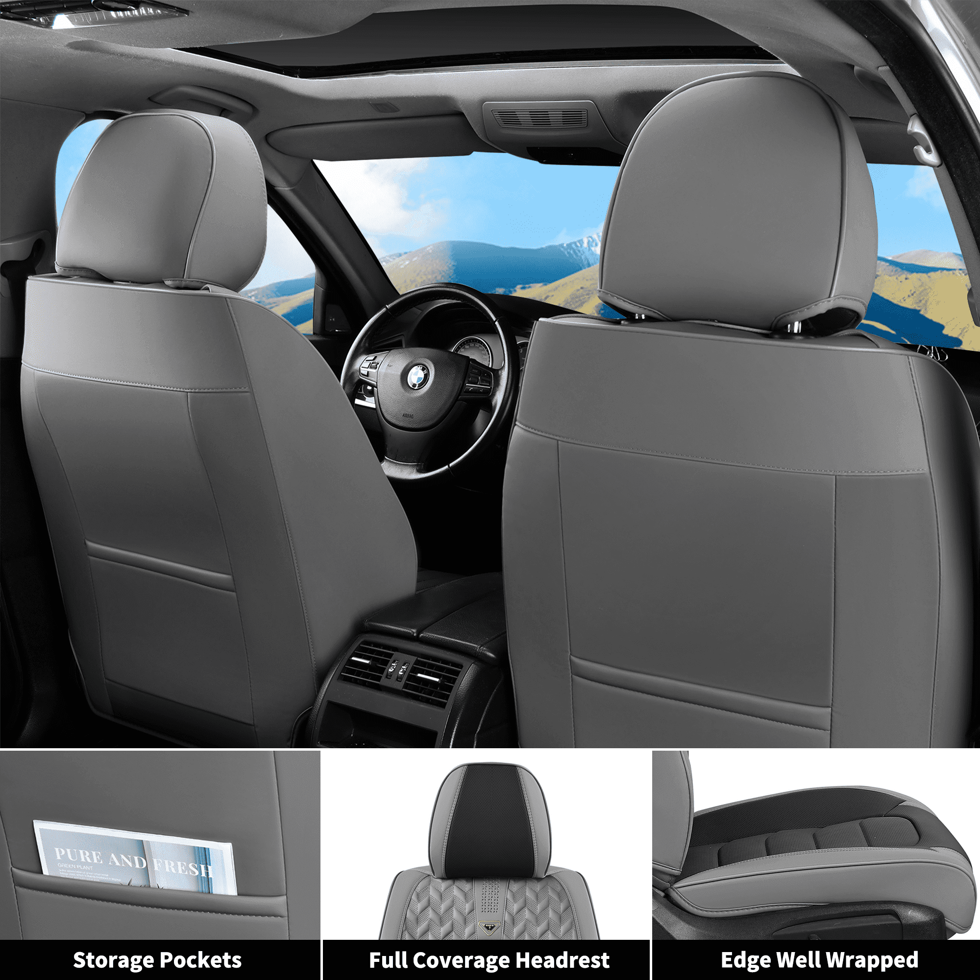 FLORICH Car Seat Covers Front Pair, Waterproof Faux Leather Seat Protectors, Auto Interior Cushions Fit for Most Cars SUV Trucks, Black & Gray