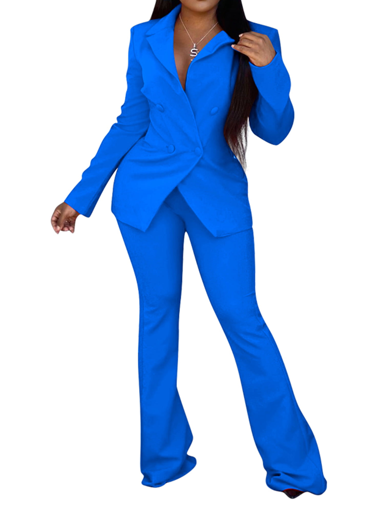 2 Piece Outfits for Women Long Sleeve Solid Color Blazer with Pants Casual Elegant Business Suit Sets 