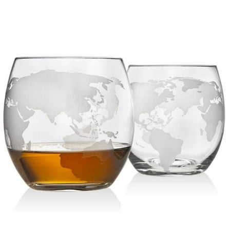 

Whiskey Decanter Gloves 2 Etched Globe Whiskey Glasses & Oval Solid Wood Tray Set