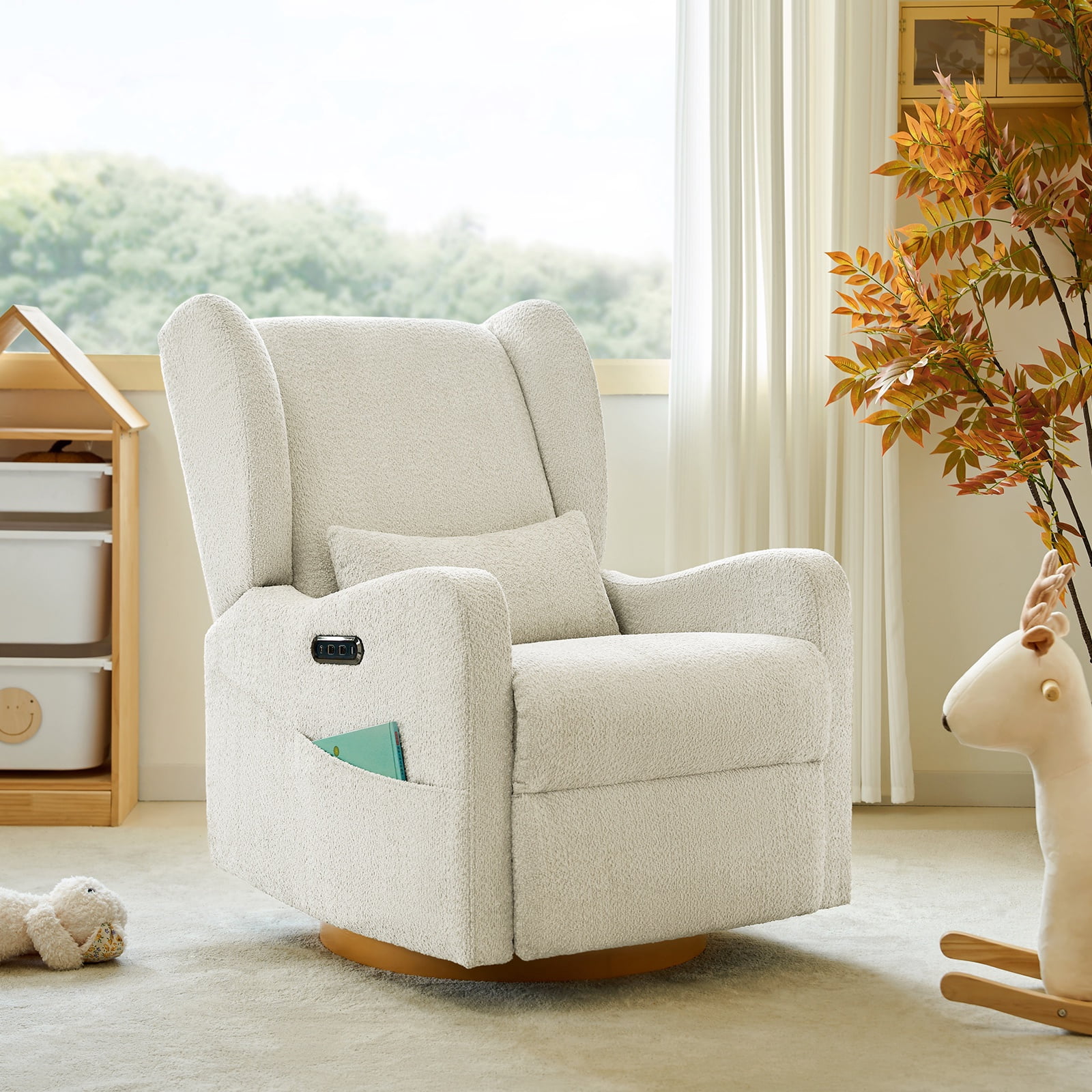 Tina's Home Electric Power Glider Swivel Nursery Recliner Chair Wingback with USB, Waterproof Stain-resistant for Baby Feeding & Living Room Ivory