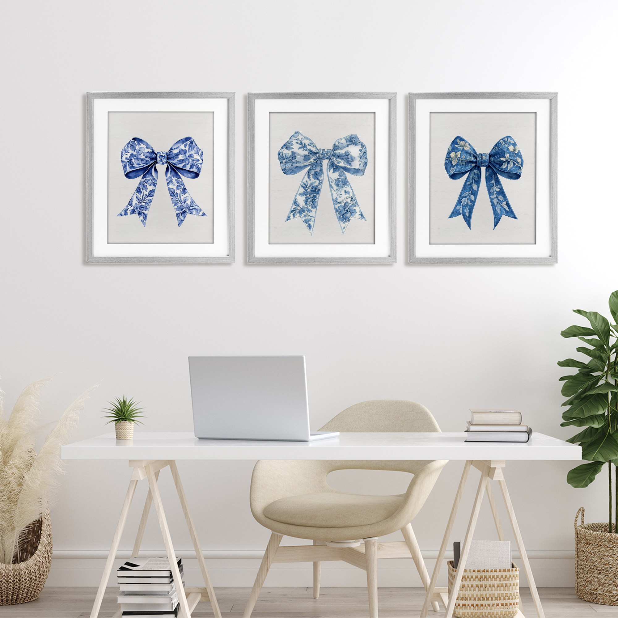 Vintage Toile Pattern Bows 3 Piece Gray Framed Print Under Glass Set, design by Lettered and Lined