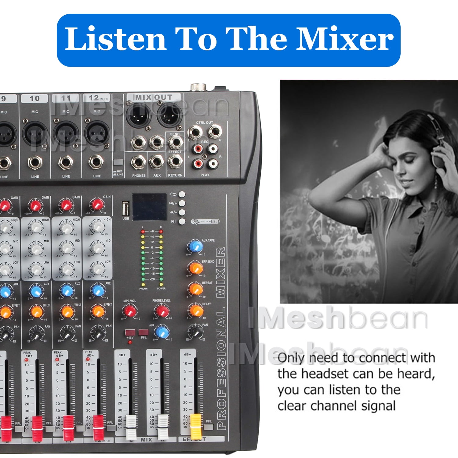 iMeshbean Professional 12-Channel Audio Mixer Sound Board USB Live Studio Mixer with USB Drive for PC Recording 48V Phantom Power Stereo DJ Studio Streaming 110-220V
