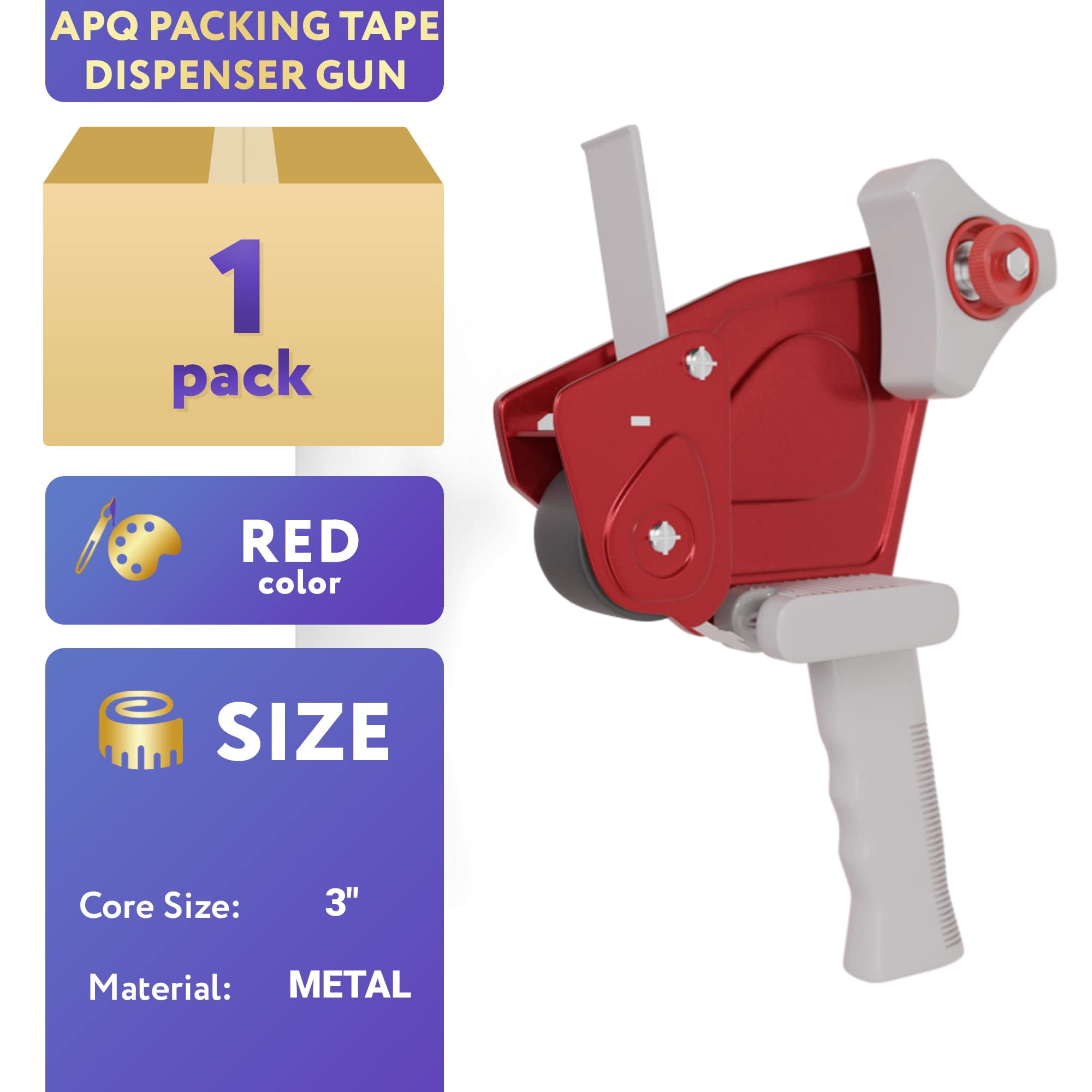 Red Hand Packing Tape Dispenser Gun, Durable Metal Side Loading, 2 in Size