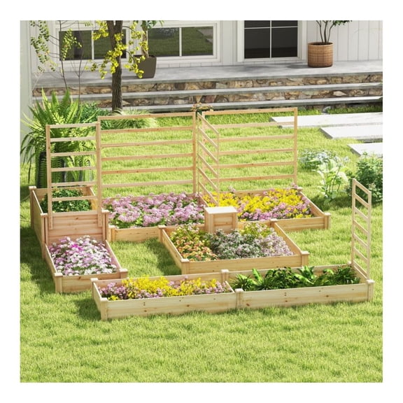 Raised Garden Bed 49x49x10" with Compost Bin - Fir Wood Planter Box - Open Bottom - Vegetable, Herb, Flower Growing - DIY Paintable