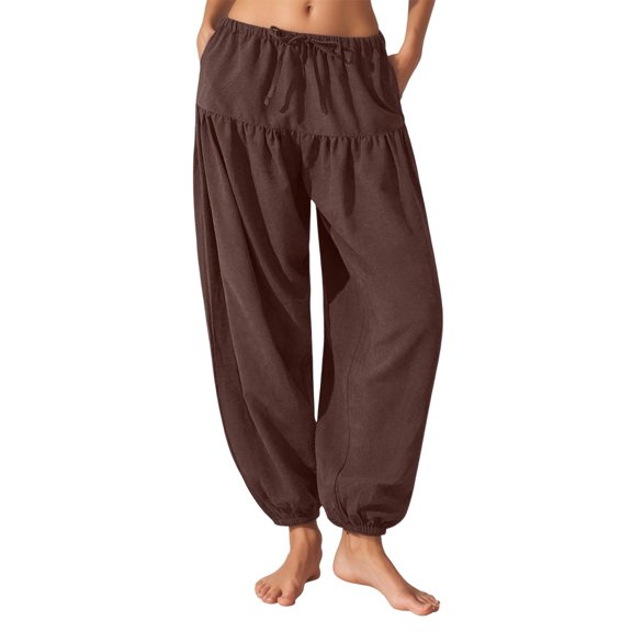 DHFJKG Womens Harem Pants Soft Cotton Casual Stretchy Drawstring Elastic Waist Ankle Length Loose Fit Tapered Pants Summer Bohomian Stylish Trousers