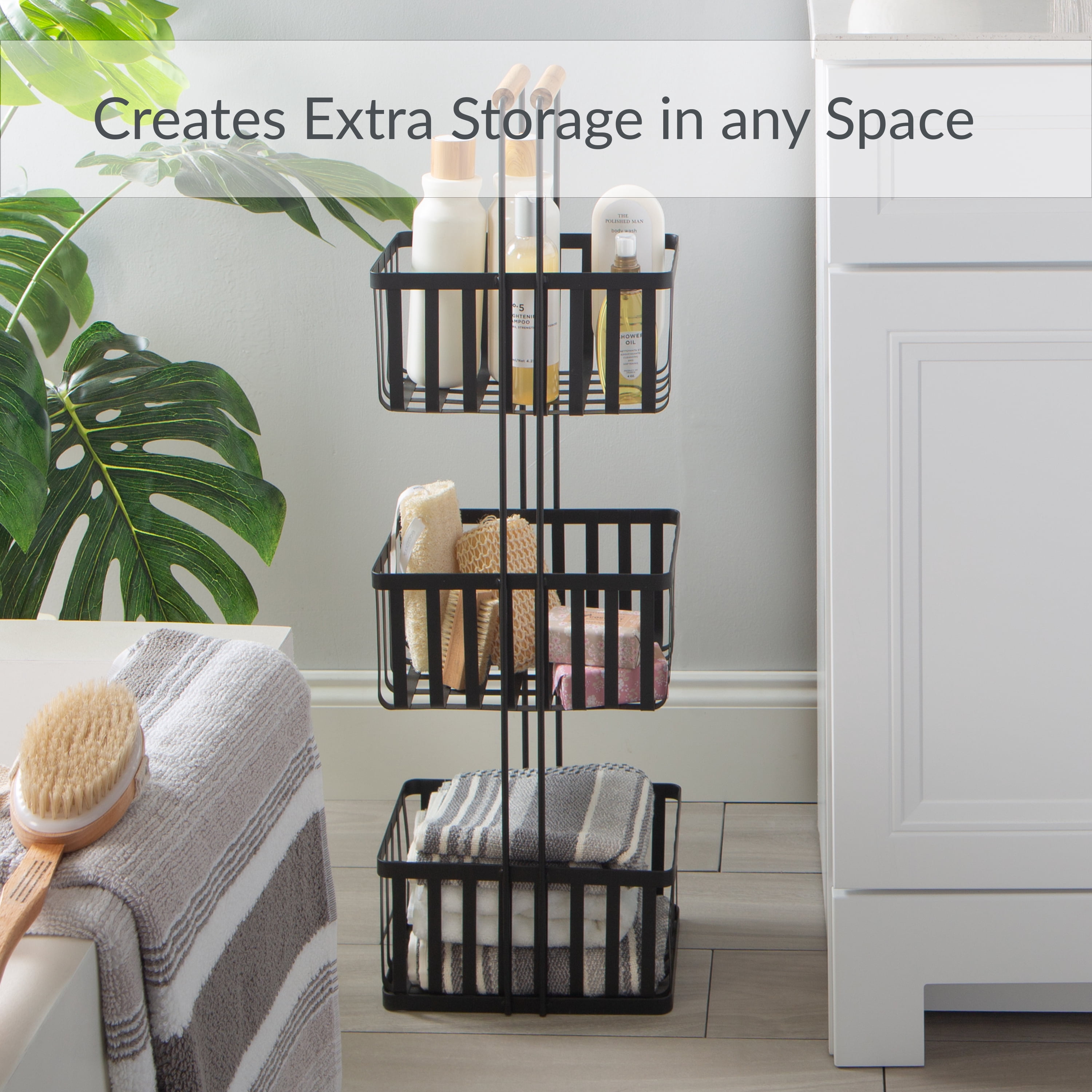 Simplify 3 Tier Metal Spa Tower Storage Shelf Unit Baskets with Bamboo Handles, Black