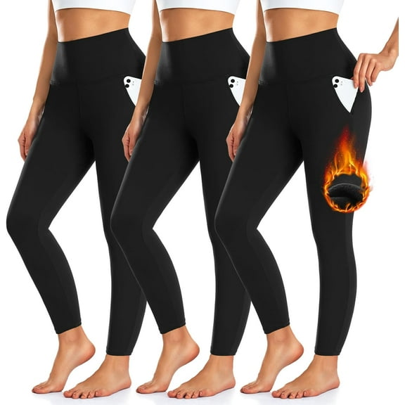 3 Pack Fleece Lined Leggings Women with Pockets -Warm Winter Yoga Pants for Women Thermal Running Workout Leggings