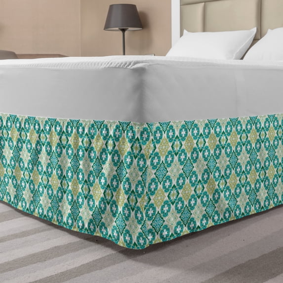 Moroccan Bed Skirt, Colored Tiled Pattern Geometrical Diagonal and Triangle Forms Oldest Craft, Elastic Bedskirt Dust Ruffle Wrap Around for Bedding Decor, 4 Sizes, Green Teal White, by Ambesonne