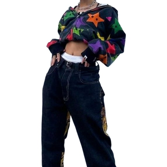 hirigin Women Zip Hoodie Sweatshirt Casual Colorful Star Print Long Sleeve Sportswear Tops Autumn Streetwear