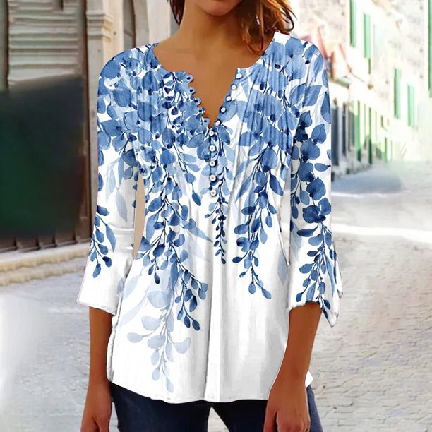ICHUANYI Clearance Women's Casual Trumpet 3/4 Sleeve Printed Buttoned Basic Ruched Corset Tunic Tops Pleated T-shirts Blouses(Light Blue, M) ICHUANYI WER2023081009972