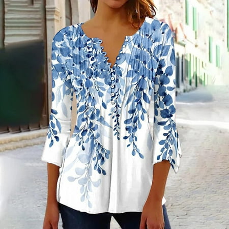 

DroolingDog Women s Casual Trumpet 3/4 Sleeve Printed Buttoned Basic Ruched Corset Tunic Tops Pleated T-shirts Blouses