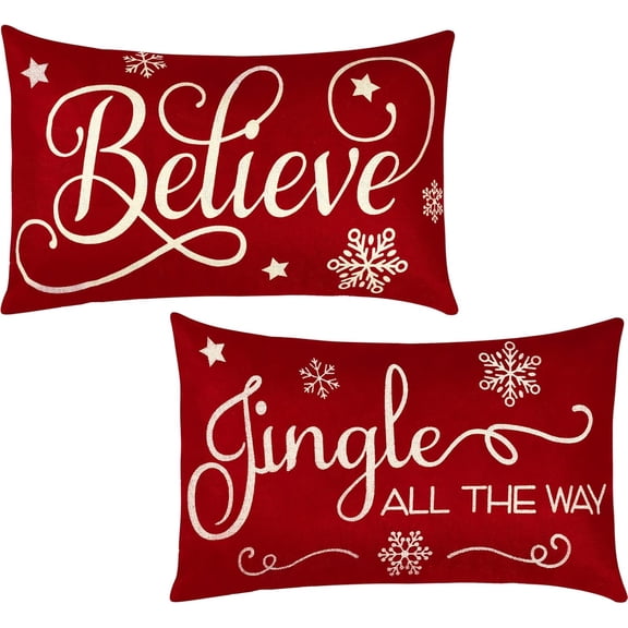 2 Pieces Christmas Pillow Covers 12 x 20 Inch Xmas Believe Throw Pillow Cases Red Cushion Cover Rectangle Xmas Linen Pillowcases for Home Bedroom Couch Sofa Christmas Decorations