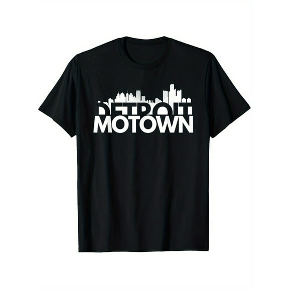 Detroit Motown Music Heritage T-Shirt - 100% Cotton 220gsm Unisex Regular Fit Tee with City Skyline Graphic, Black Round Neck Short Sleeve Shirt for Men, Women, & (S-XXXL), Casual Wear, Soft Texture