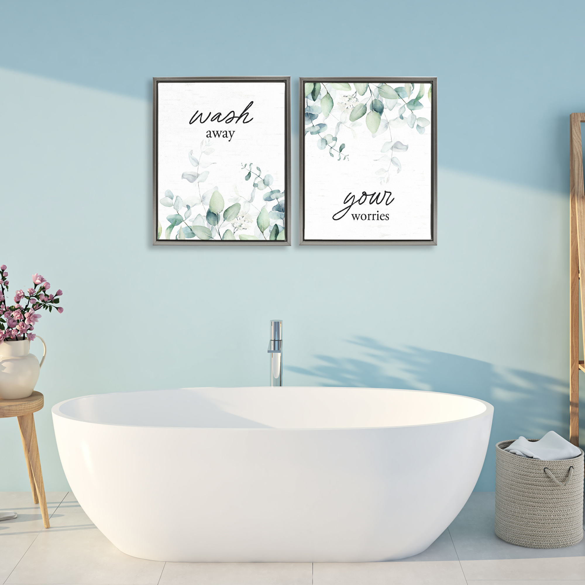 Wash Away Your Worries Leaves 2 Piece Gray Framed Floater Canvas Set, design by Lettered and Lined