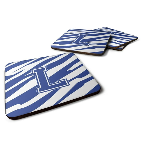 Letter L Initial Tiger Stripe Blue and White Foam Coaster Set of 4