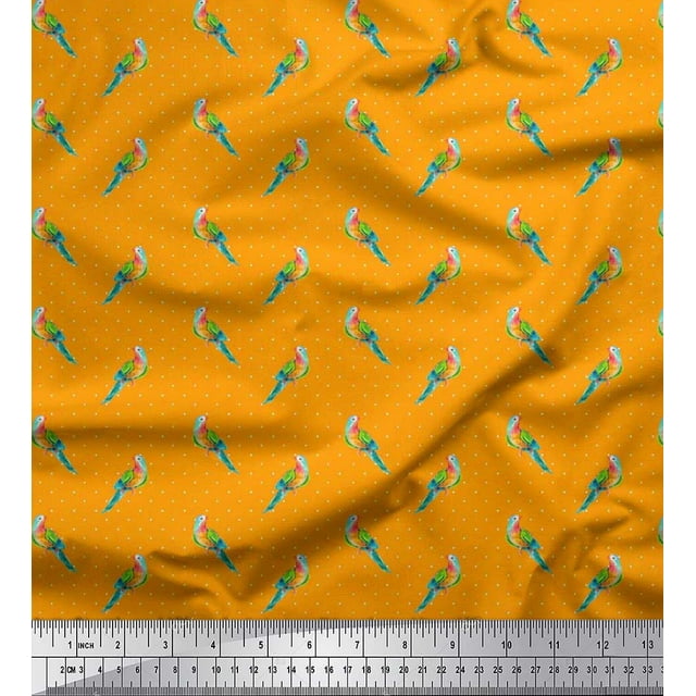 Soimoi Poly Georgette Fabric Dot & Parrot Bird Print Fabric by Yard 52 Inch Wide