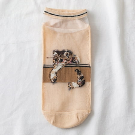 

Women Girls Summer Glass Fiber Mesh Short Boat Socks Cute Cartoon Cat Jacquard Ultra-Thin Shallow Mouth Casual Hosiery