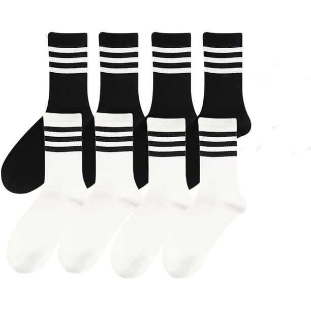 pares de calcetines lindos a rayas para hombres y mujeres, calcetines de tubo medio para primavera y verano, calcetines deportivos de algodón de cintura alta, 8 Pares Negro+Blanco, M