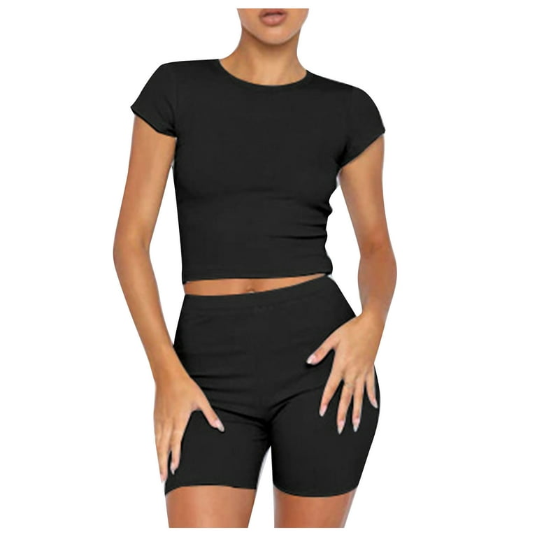 Njoeus Women 2 Piece Workout Sets Seamless Ribbed Knit Short Sleeve Crop  Top with High Waist Shorts Yoga Outfits Gym Clothes Set 