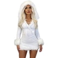 thumbnail image 2 of Women's Christmas Furry Bodycon Mini Dress Plush Hem Splicing Frenulum Deep V-neck Hooded Short Skirt Xmas Party Clubwear, 2 of 6