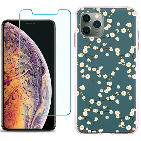 For Apple iPhone 11 PRO Case, Slim-Fit TPU Protective Phone Case (Pink Bezel) with Tempered Glass Screen Protector, by OneToughShield ® - Blossom Green