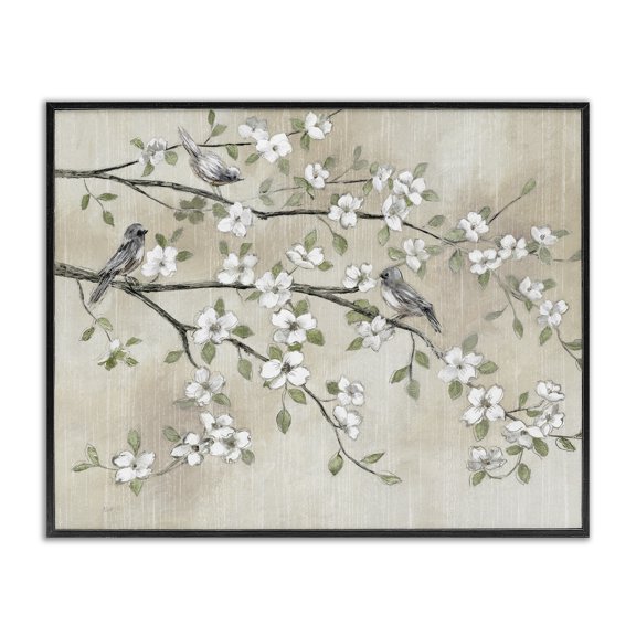 Stupell Industries Shabby Chic Traditional White Cherry Blossom Birds Branches Black Framed Giclee Art, 14 x 11, by Nan