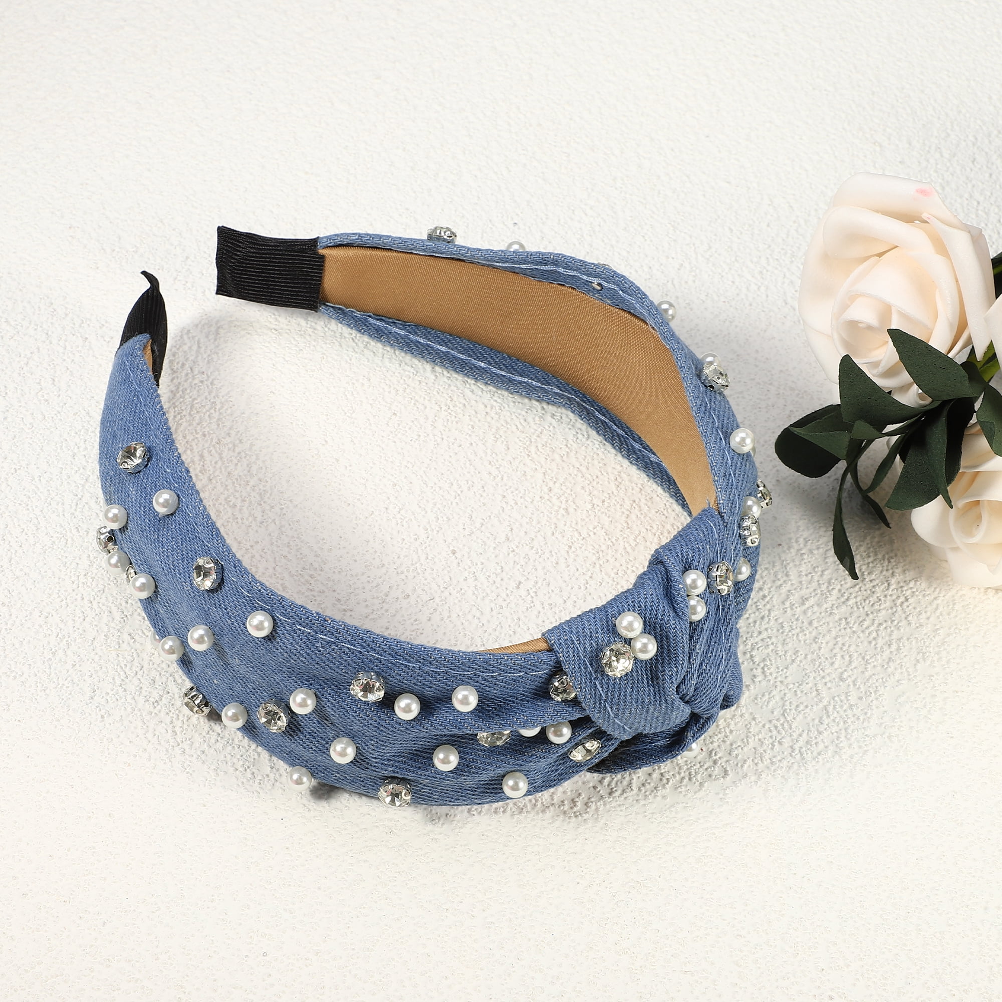 Unique Bargains Pearly Rhinestones Crystal Knotted Women Headband Sky Blue 5.31"x1.97"